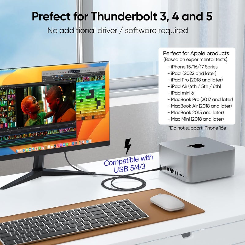 VoroDcip كابل USB C إلى DisplayPort 1.4 بطول 6.6 قدم، 8K@60Hz 4K@120Hz 2K@180Hz 1080P@360Hz USBC إلى DP كابل اتجاه واحد لجهاز iPhone 17/16/15 Galaxy S25/S24/S23 iPad Pro/Air MacBook Pro/Air إلى الشاشة - Image 4